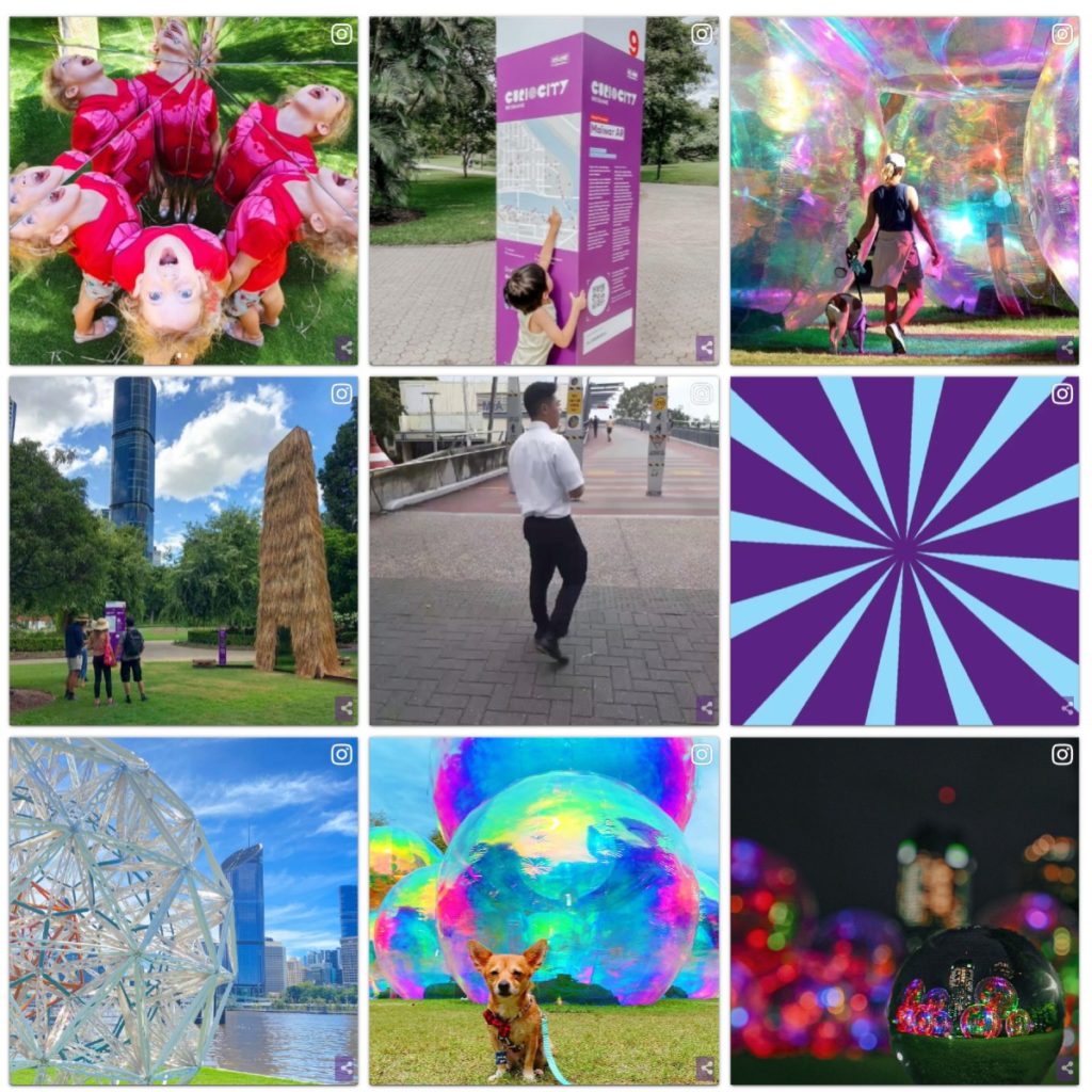 A screenshot of Curiocity Brisbane's Instagram feed. Nine images highlight attendees, kids, or dogs surrounded by creative outdoor activations like giant holographic bubbles. 