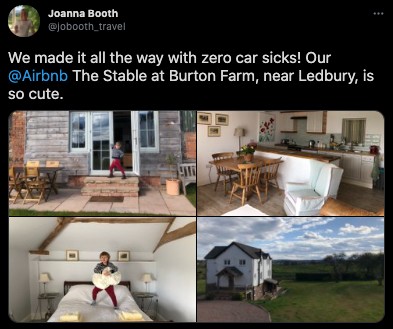 A screenshot of a user's tweet tagging Airbnb at the The Stable Burton Farm. The screenshot features four images of the Airbnb inside and outside. 