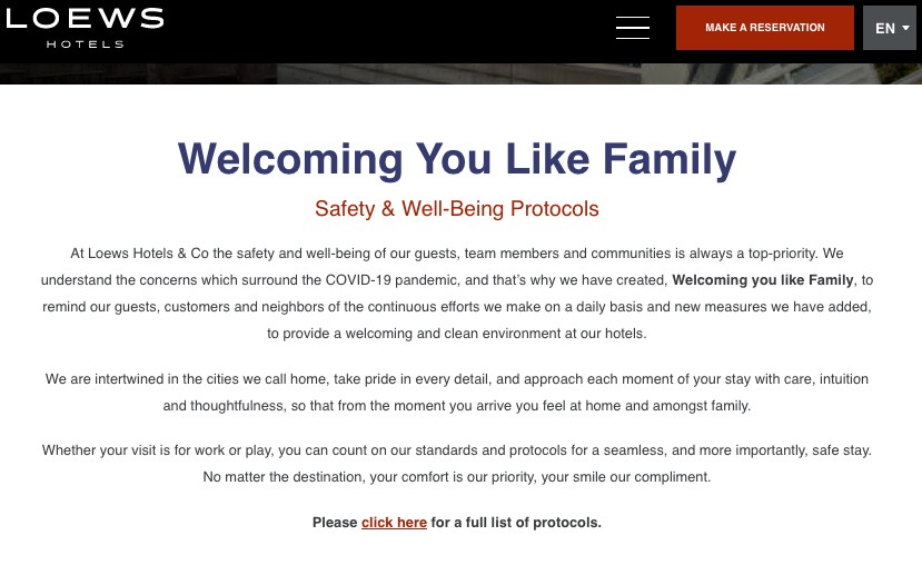 A screenshot of Loews Hotels introducing its safety and well-being protocols. 