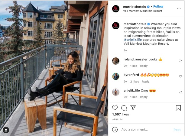 A screenshot from Marriot Hotels Instagram ft. a woman sitting down on a balcony. On the right, is a description by the brand raving about Vail being an ideal summertime destination. 