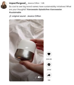 A screenshot of a video testimonial by a TikTok user featuring Dove's latest refillable deodorant.