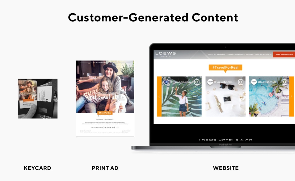 An image that shows how customer-generated content can be repurposed across different mediums like a keycard, print ad, or website.