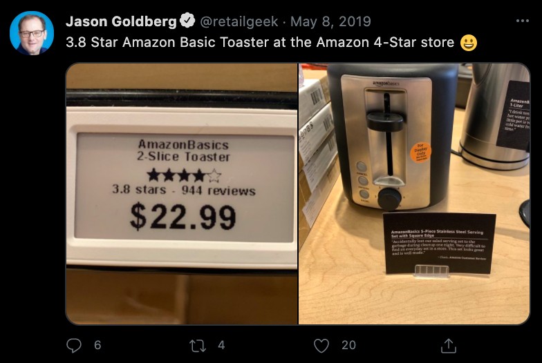 A tweet by Jason Goldberg showing a 3.8 star Amazon Basic Toaster on their electronic shelf label
