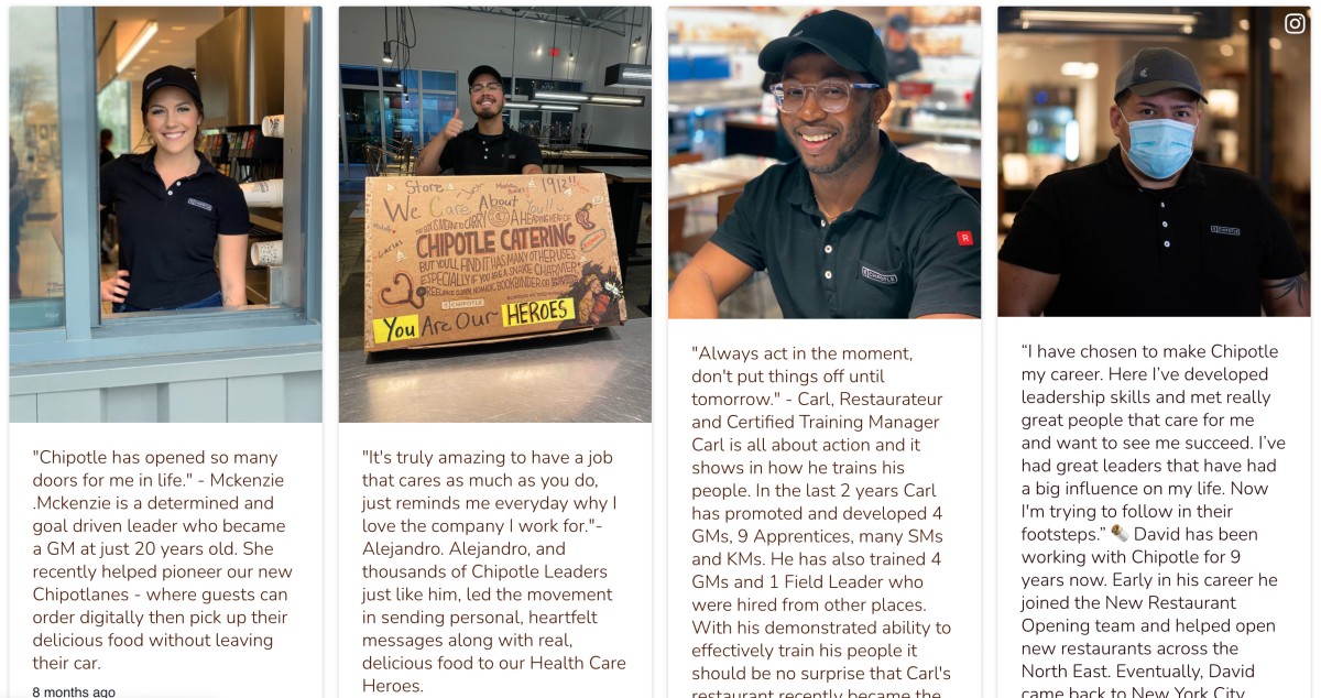 A TINT feed on Chipotle's landing page, displaying employee-generated content.