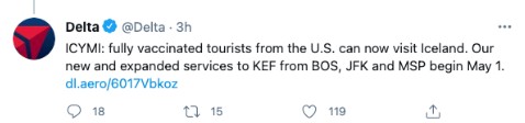 A tweet by Delta that says "ICYMI: fully vaccinated tourists from the U.S. can now visit Iceland. Our new and expanded services to KEF, BOS, JFK, and MSP begin May 1." With a link/CTA. 