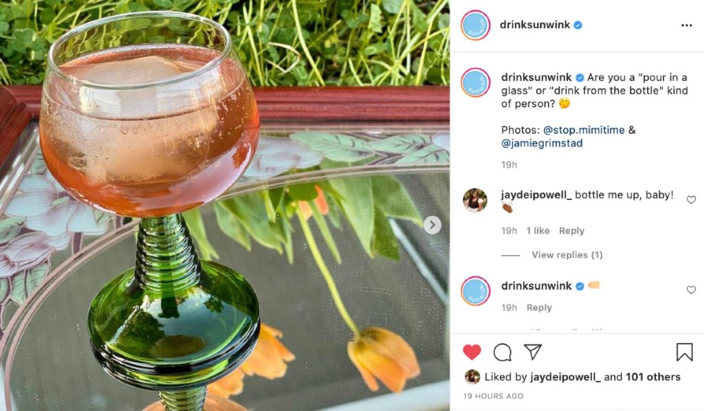 UGC on Sunwink's Instagram's page – showing a glass of wine by a user