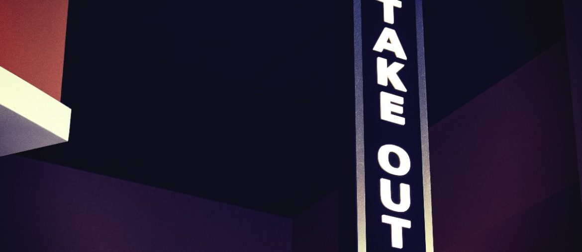 A sign that reads "take out"