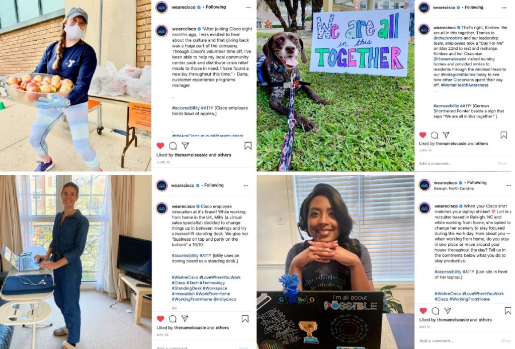 A collage of four screenshots ft. 3 employees and a dog with Instagram descriptions