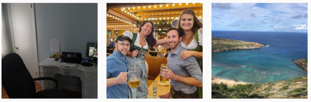3 UGC images from #IHGTellMeContest featuring a home office, a group of 4 people posing with their beer, and an image of a beach 