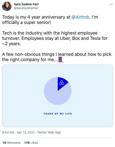 A tweet by an Airbnb employee sharing things she learned about picking the right company to work for