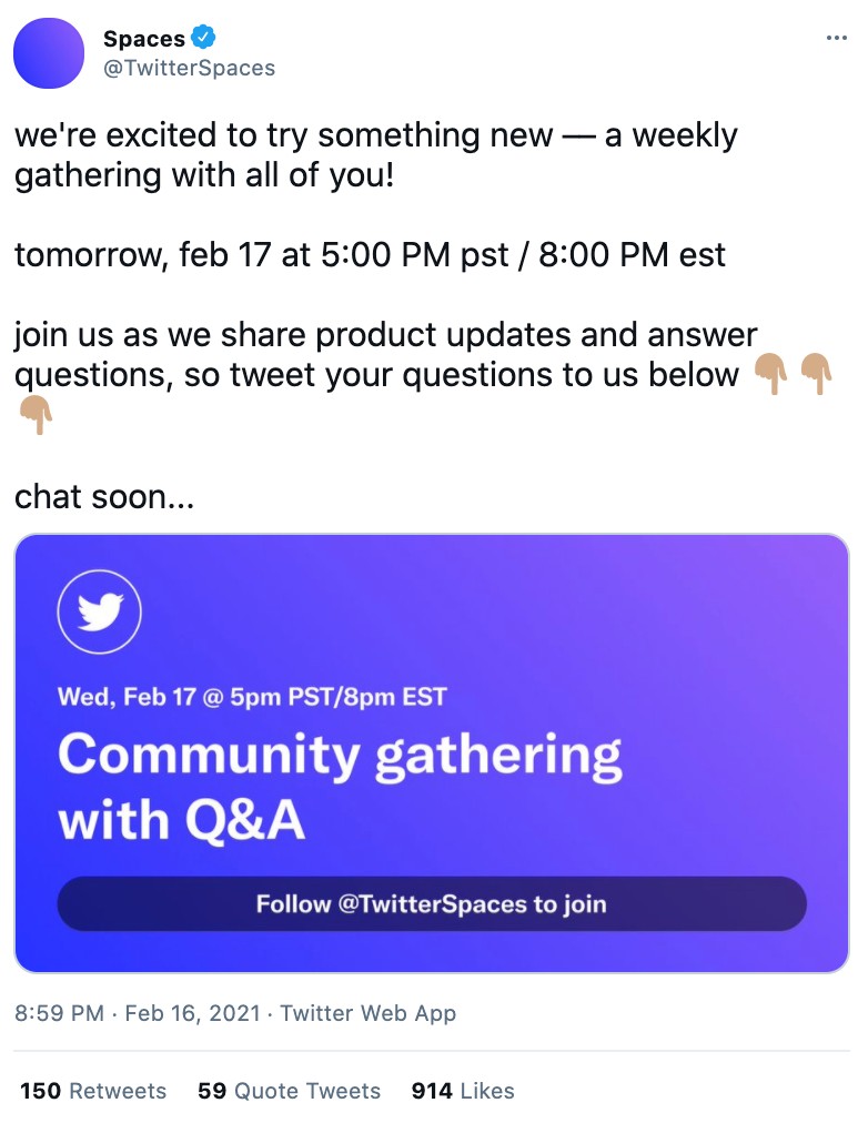 A screenshot of a tweet by Twitter Spaces inviting people to join their community gathering with Q&A