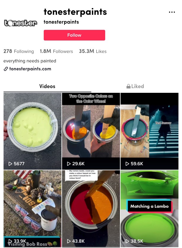 A screenshot of Tonesterpaints TikTok featuring 1.8M and clips of paint experiments