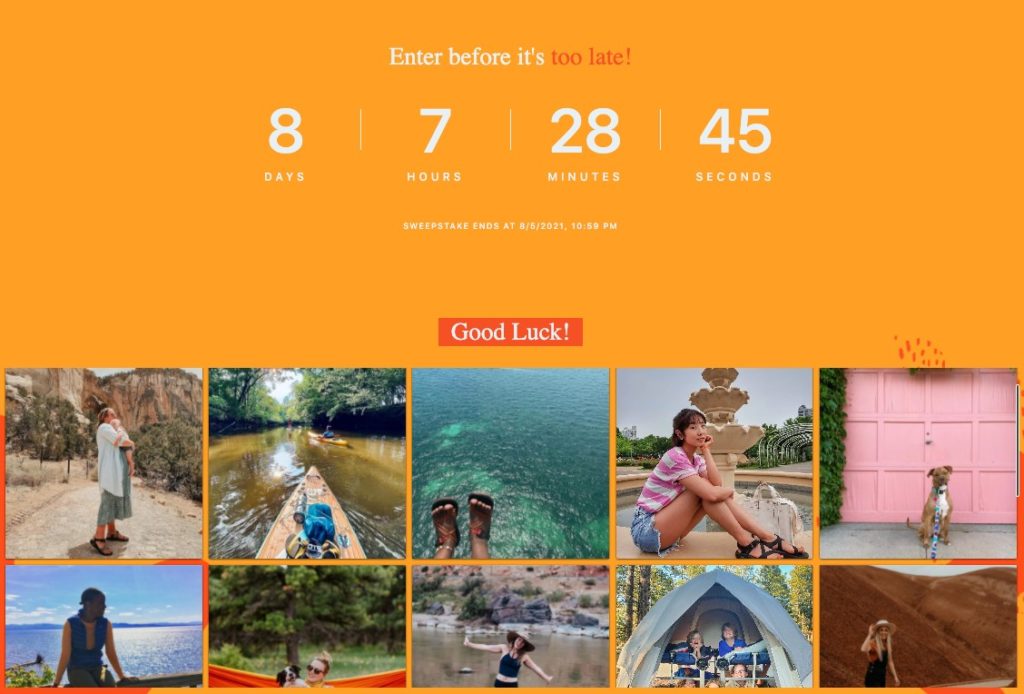 A contest page by Chaco displaying a countdown and a UGC gallery of people submitting adventurous images 