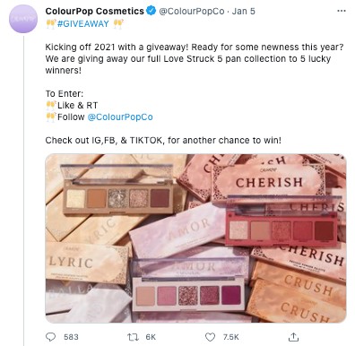 A tweet by ColourPop Cosmetics announcing a 2021 giveaway 