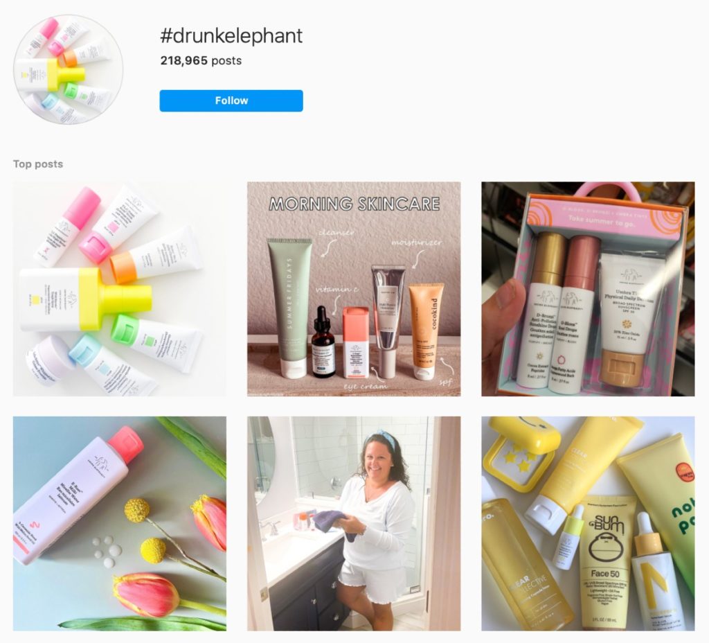 A screenshot of #DrunkElephant UGC on Instagram featuring product images submitted by customers. There have been 218,965 posts shared.