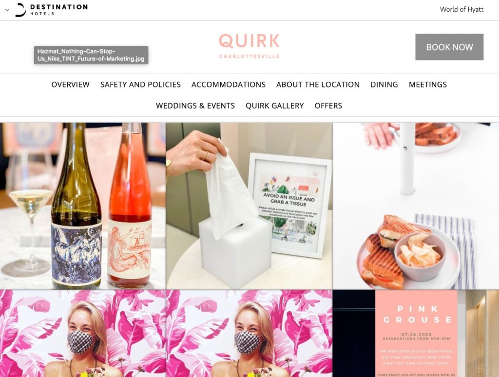 A gallery wall on Quirk Hotel's website showing user-generated content of hotel experiences –bath tissues, wine, food. 