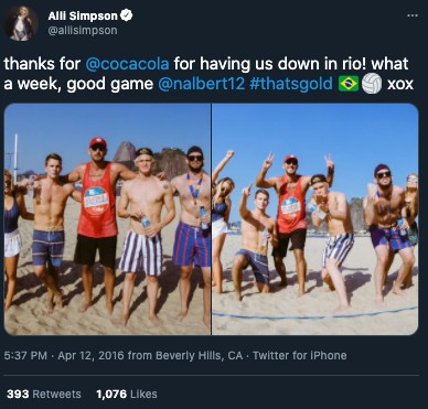 A tweet by Alli Simpson that reads, "thanks for @cocacola for having us down in rio! what a week, good game @nalbert12 #thatsgold xox" and two image featuring a group of people on a beach volleyball court