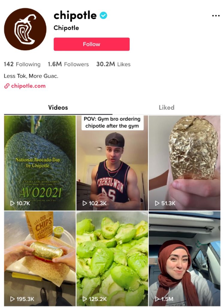A screenshot of Chipotle's TikTok page with 1.6 Million followers, showing user-generated content