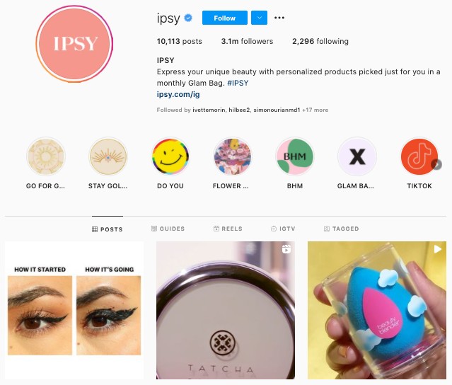 A screenshot of Ipsy's Instagram profile