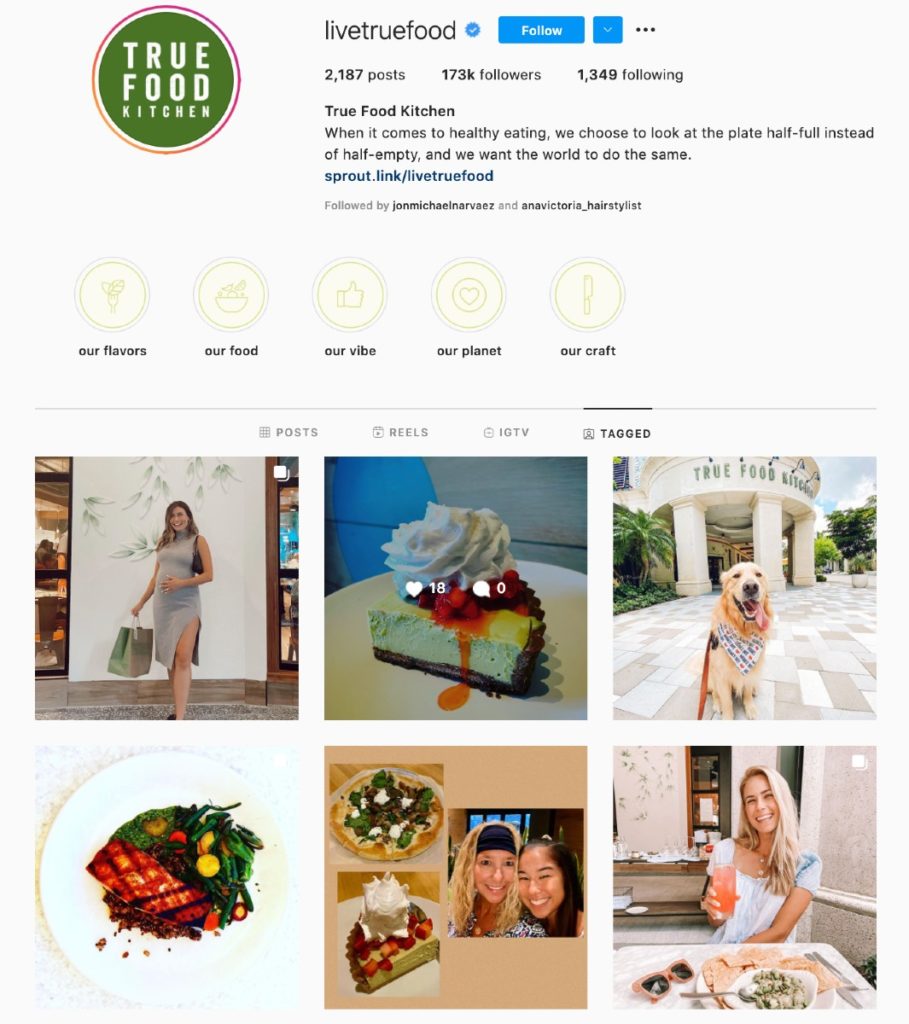 A screenshot of @livetruefood on Instagram showing 173k followers and user-generated content displayed across the feed 