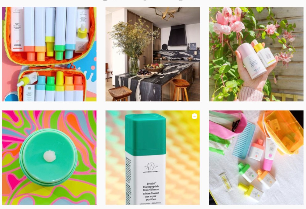 A screenshot from Drunk Elephant's Instagram showing six product images: five of the photos shown below are user-generated content and the IGTV video is content created by the brand.