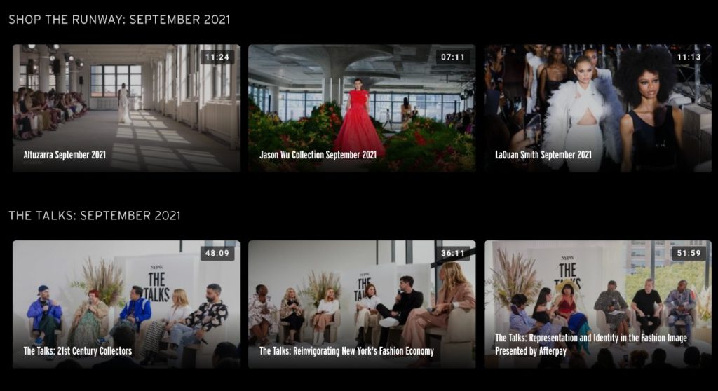 New York Fashion Week's website showing a variety of hub and spoke events like shop the runway and in-person talk shows.