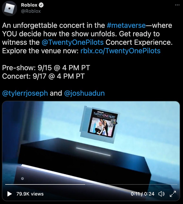 A Twitter post by Roblox announcing the TwentyOnePilots Concert Experience – encouraging fans to explore the virtual venue