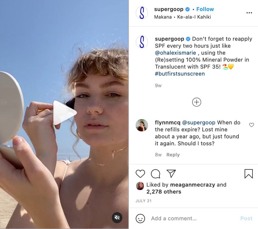 An Instagram post by Supergoop that shows a micro-influencer, or customer, sharing their SPF routine.