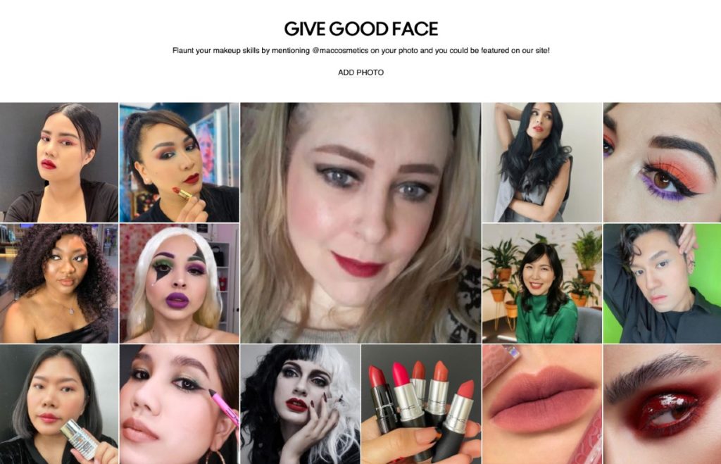 A social gallery on MAC Cosmetic's website showing user-generated content of customers wearing the brand's make-up