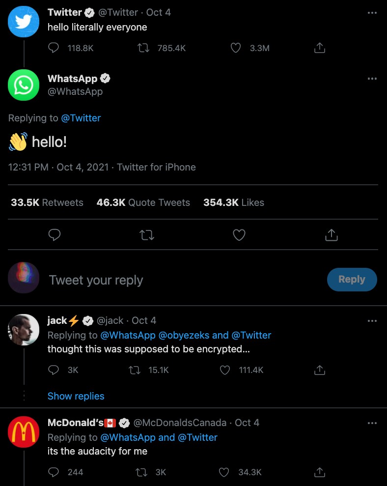 Twitter tweeted "hello literally everyone" and WhatsApp and McDonald's responded