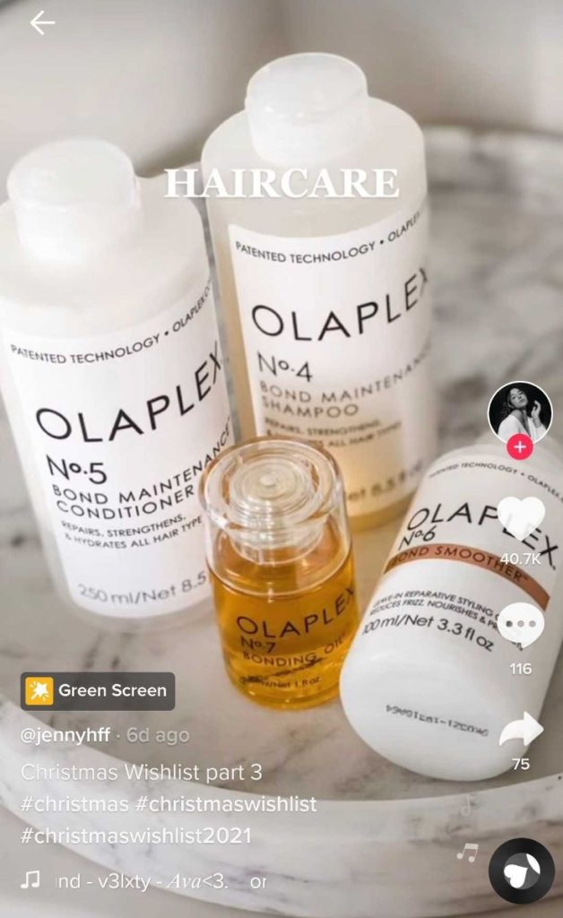 A TikTok user shared products they want under #ChristmasWishList2021 (like Olaplex in this image). 