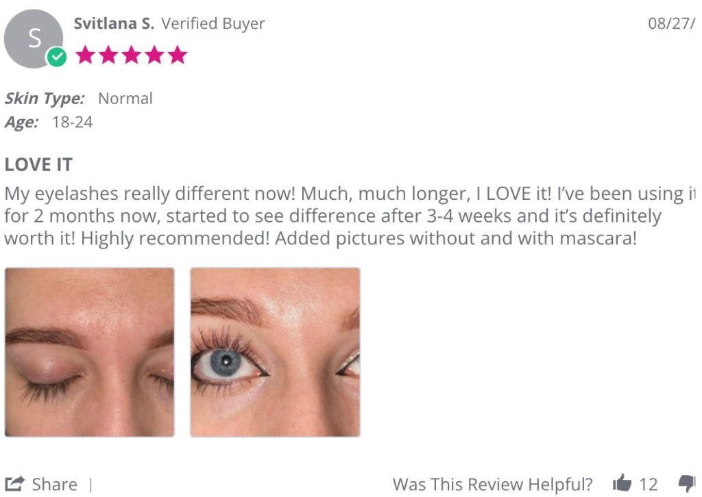 A review by a Grande Lash customer that explains how long their eyelashes are after using their serum after 2 months. She shares pictures with and without mascara and rated it 5 stars. 