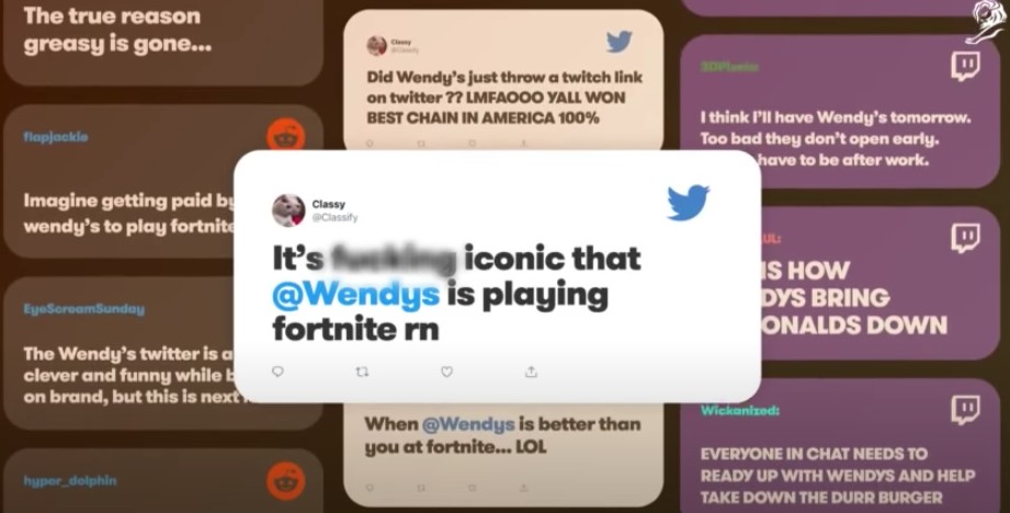 A Wendy's promo video re-sharing user-generated content where people are saying how cool it is that Wendy's is playing Fortnite