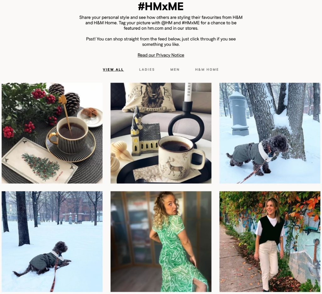 A gallery of UGC featuring images customers tagged with #HMxME – including home decor and outfit inspiration. 