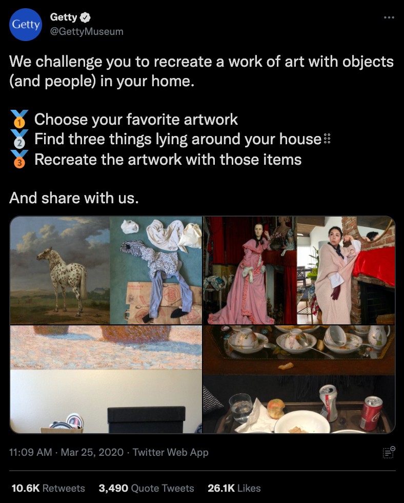 A tweet by Getty challenging fans to recreate a work of art with objects and people in their home. They also provided a few examples to give their audience guidance. 