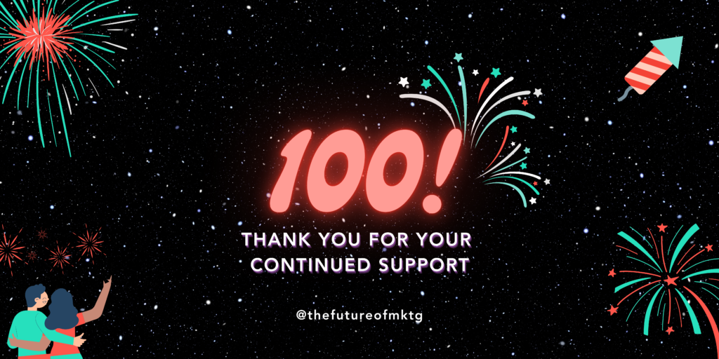 A banner with fireworks that says "100! Thank you for your continued support" 
