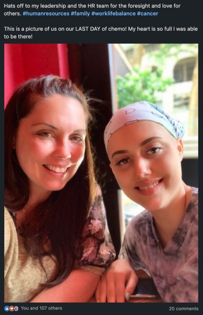 A TINT employee sharing her #ShowUsYourLeave story ft. an image with her daughter after chemotherapy