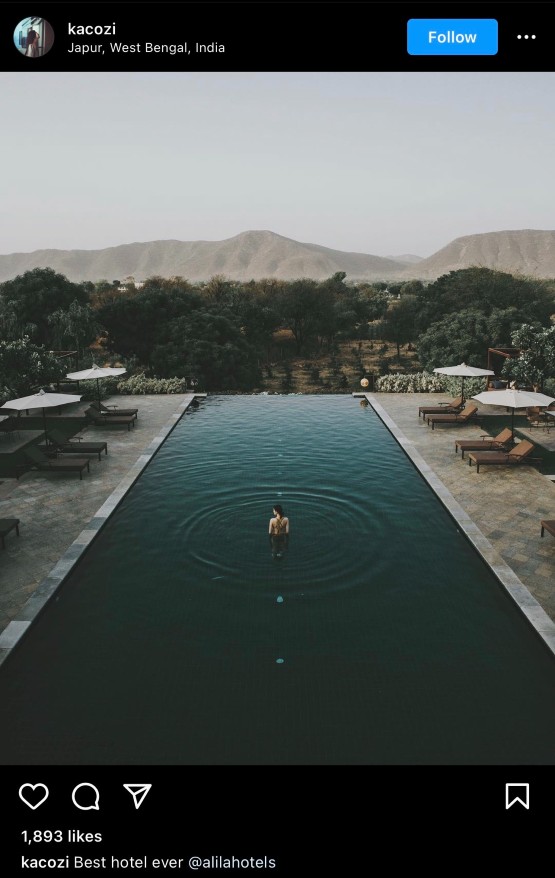 Instagram user (@Kacozi) shared a captivating image of them swimming in the Alila Hotels pool with a mountainous background