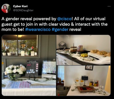 A tweet shared by a Cisco employee sharing a virtual gender reveal party with the team