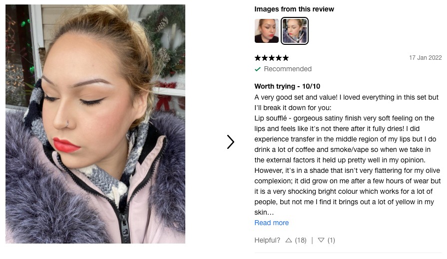 A visual and written testimonial by a customer left on one of Sephora's product pages