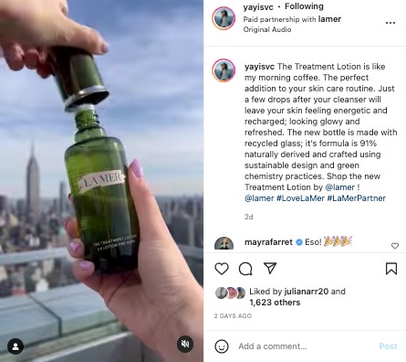An influencer sharing a video on Instagram promoting La Mer lotion.