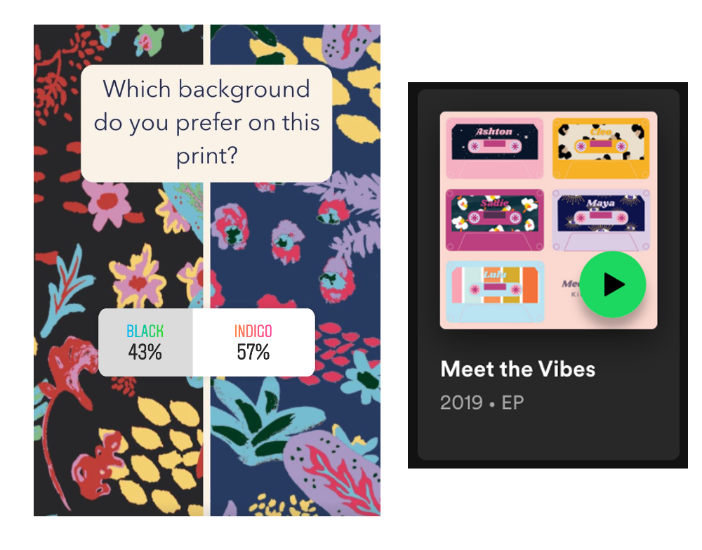 Kitty and Vibe poll asking what pattern people prefer and a screenshot of their Spotify playlist. 