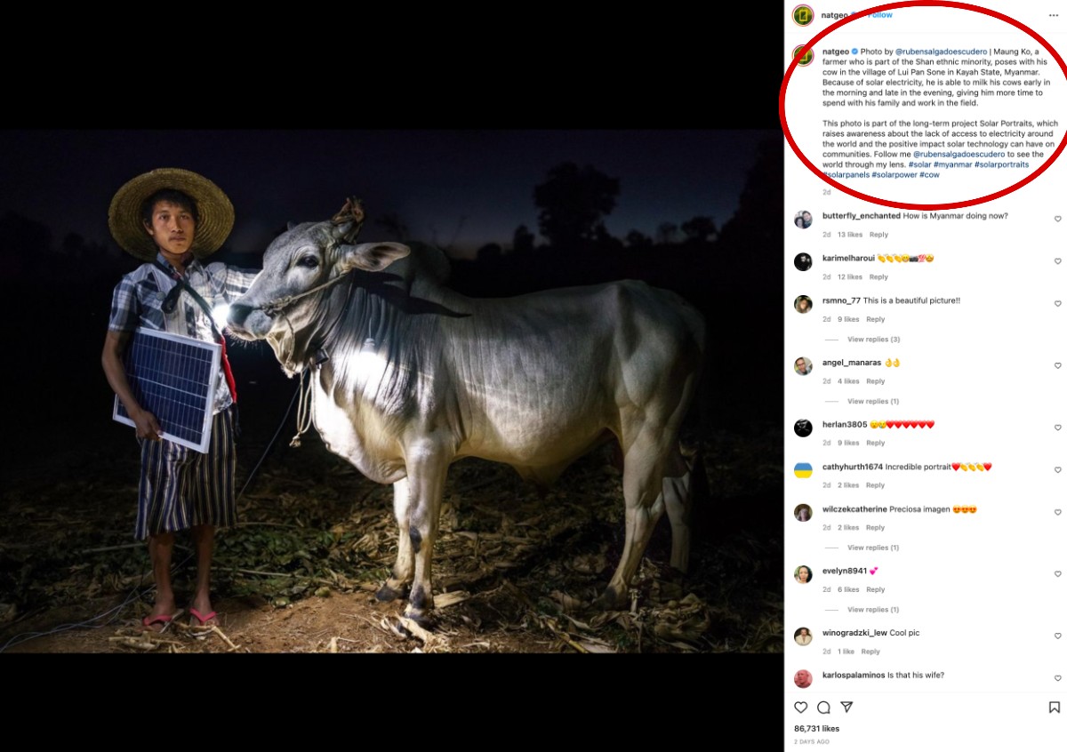 A striking image of a boy and a donkey in the night ft. on National Geographic's Instagram page alongside a caption written by the photographer