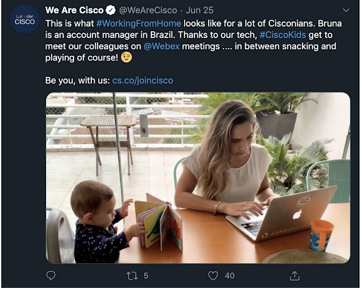 A Cisco employee sharing what it's like to work from home – Cisco re-shared this on their Twitter 