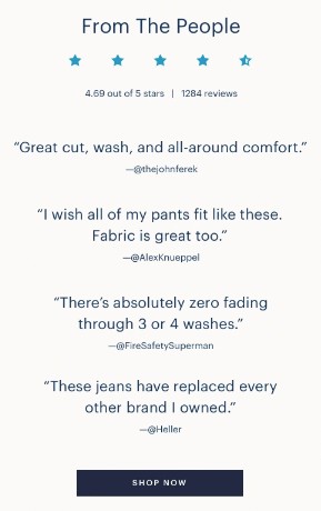 Everlane sharing star ratings and testimonials in the newsletter