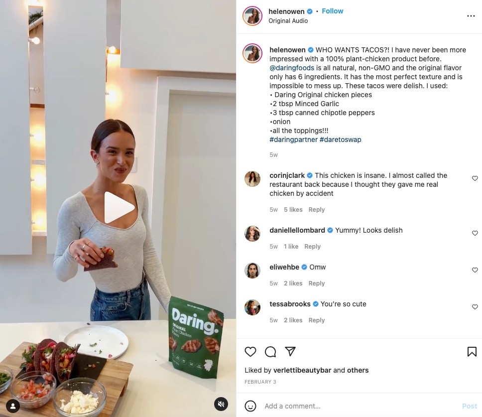 An influencer posting a plant-based chicken review on Instagram