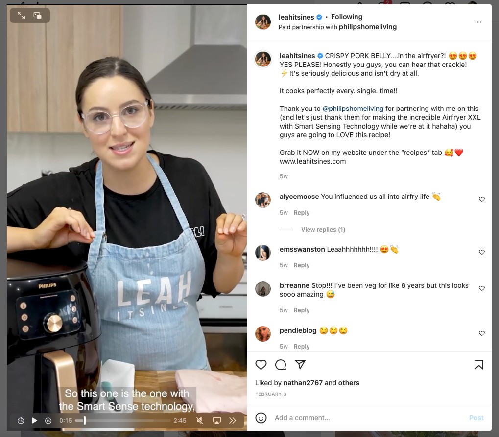 An influencer posting an air fryer review on Instagram