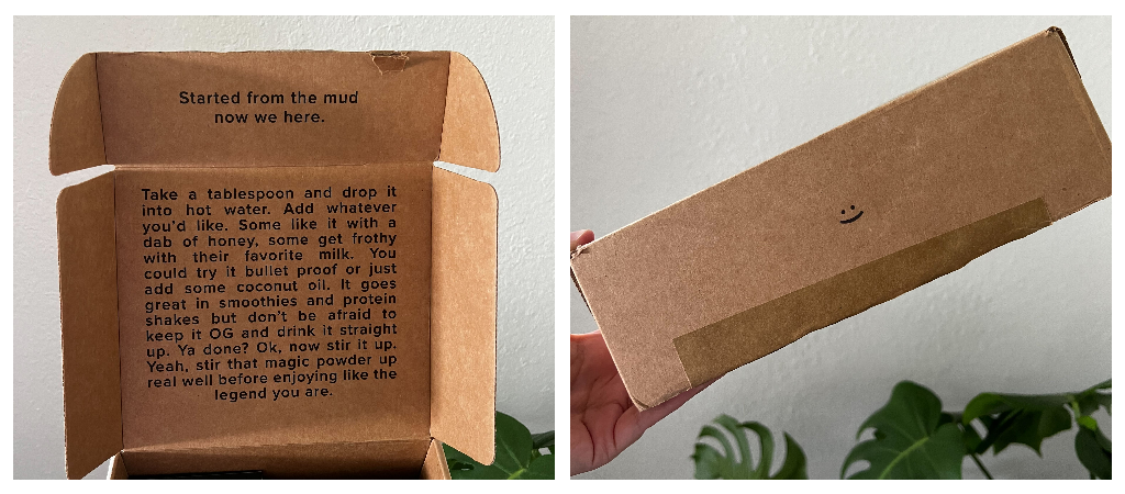 MUD\WTR box that says "started from the mud now we here" with fun instructions and a smiley