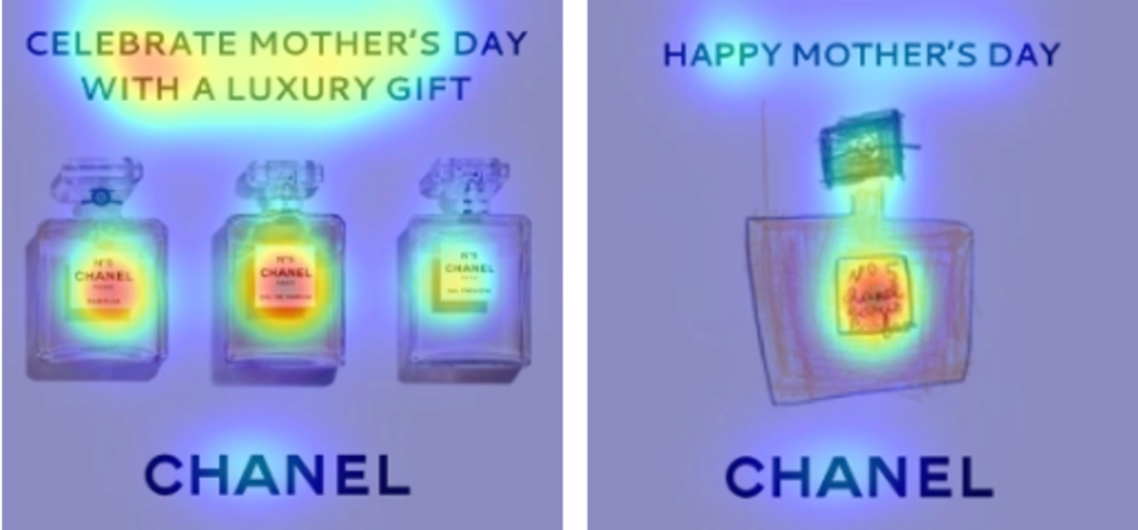 Two ads under heatmap technology. Ad #1 shows three product images and more text. Ad #2 shows a hand-drawn image.  Ad #1 requires more attention than #2. 