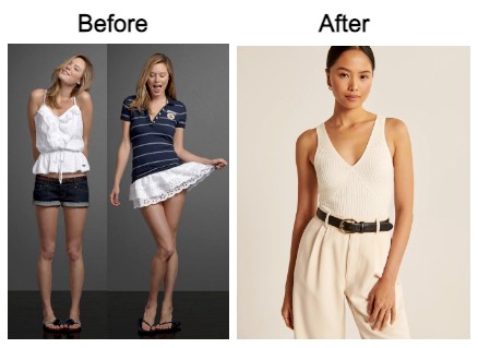 Two models side by side. Abercrombie before: preppy surfer vibe vs. after chic, minimalist.
